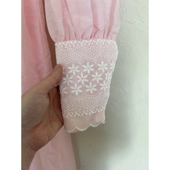Vintage 70s Handmade Maxi Dress Baby Pink Lace Cottagecore Puff S M High Neck
